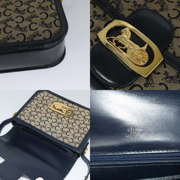 CELINE C Sulky Shoulder Bag Canvas Navy Gold - Picture 11 of 13